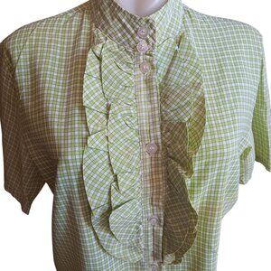 Large Vintage Green Plaid Short-Sleeve Ruffle Blouse Top With High Collar 1970's